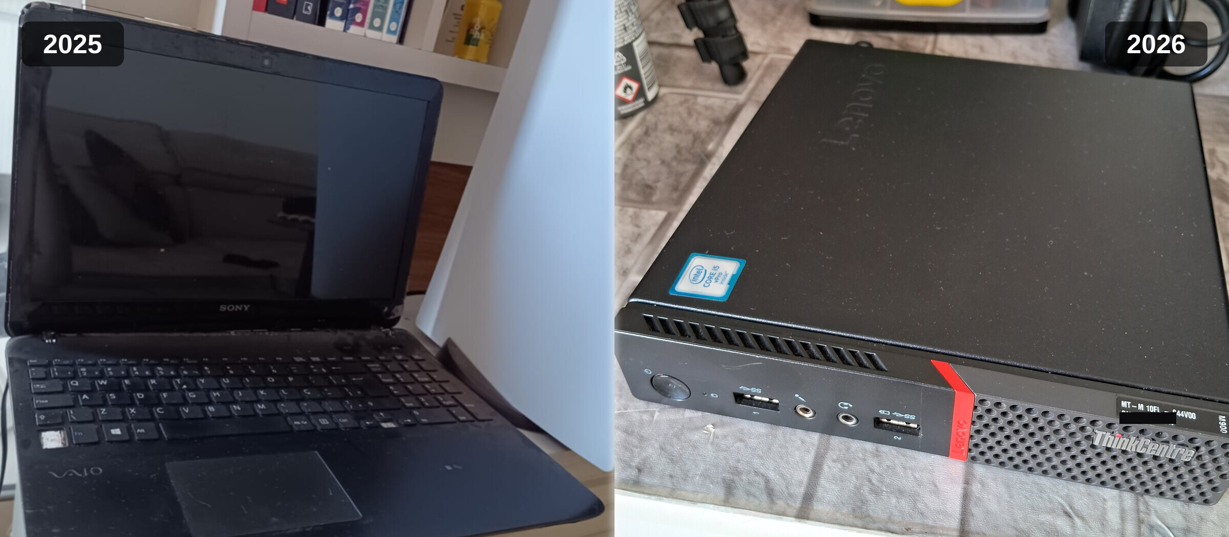 Two eras of the homelab side by side: on the left, the scrapped Sony VAIO that ran the lab in 2025; on the right, the Lenovo ThinkCentre M900 Tiny that replaces it in 2026.
